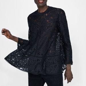 Zara XS Black Lace Top With Contrasting Ribbing